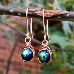 Holographic Glass Beaded Dangle Earrings, Wire Wrapped, Copper, Boho Statement